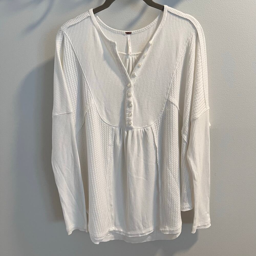 Free People Leo Oversized Waffle Knit Henley Top Size S
